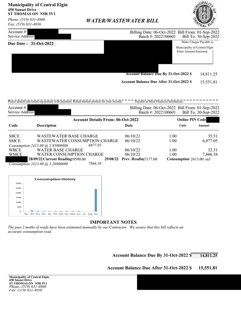 Redacted September 2022 water bill showing 2,413 cubic metres of consumption and a balance of $14,811.25