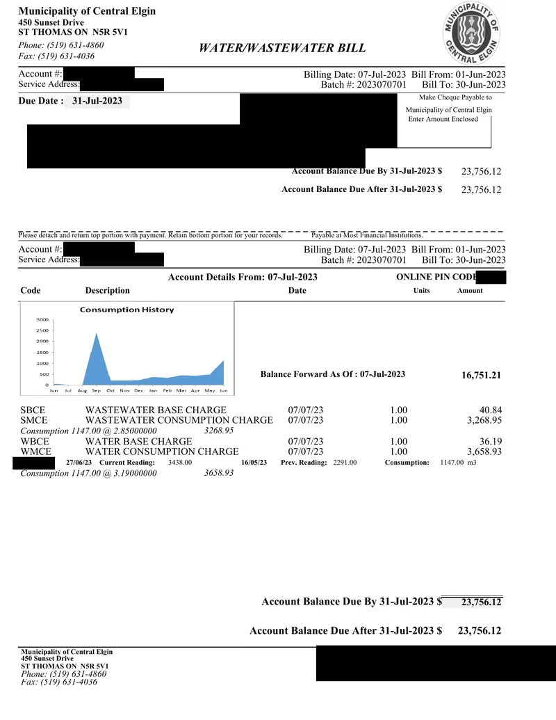 Redacted June 2023 water bill showing 1,147 cubic metres of consumption